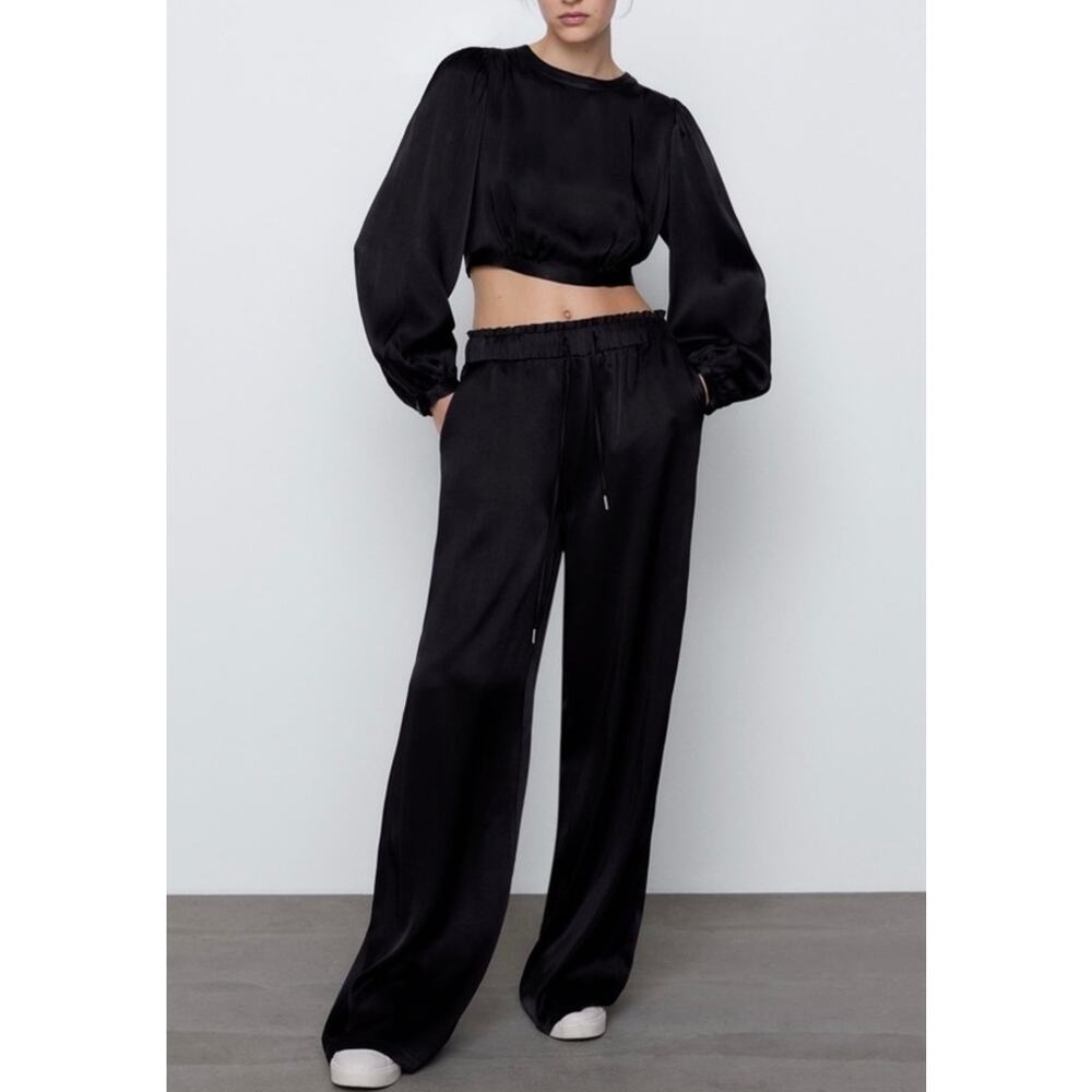 Zara Black Satin Matching Set Wide Leg Pants Large Crop Top Medium